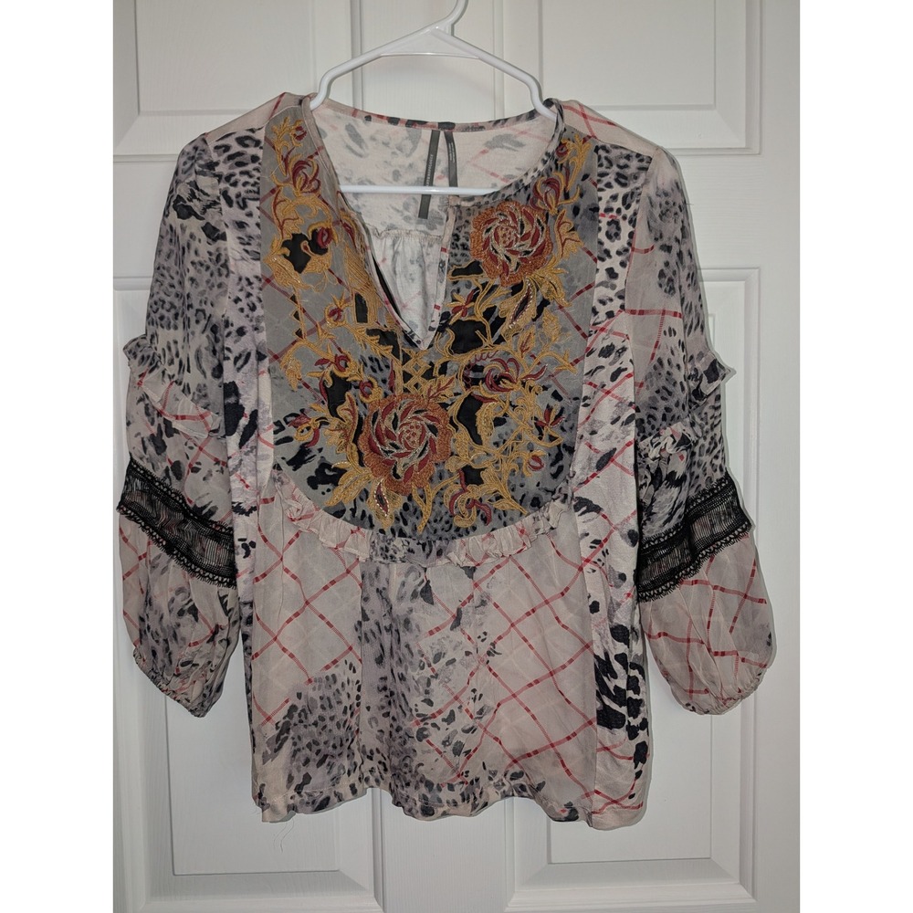 Anthropologie Mixed Media Embroidered Floral Leopard Print Blouse XS Boho Top